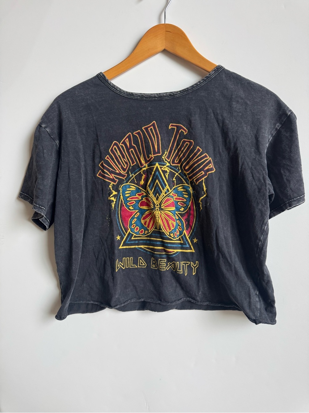 Black Crop Tee with Multicolor Butterfly Graphic